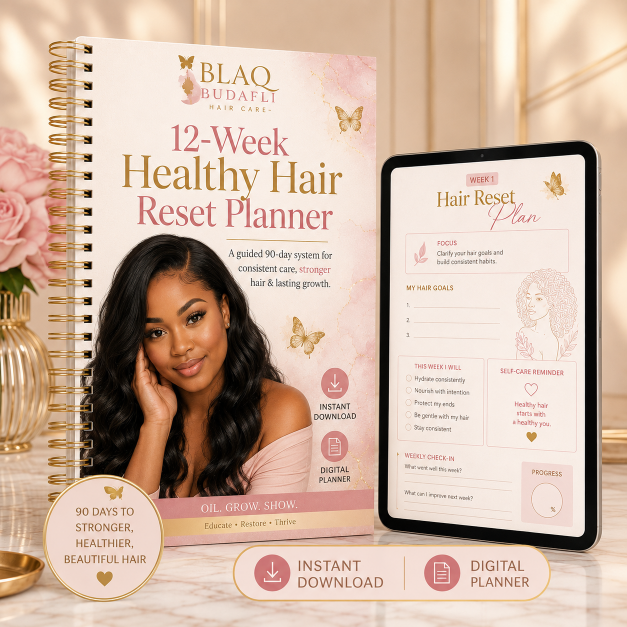 Blaq Budafli 12-Week Healthy Hair Reset Planner premium digital product mockup